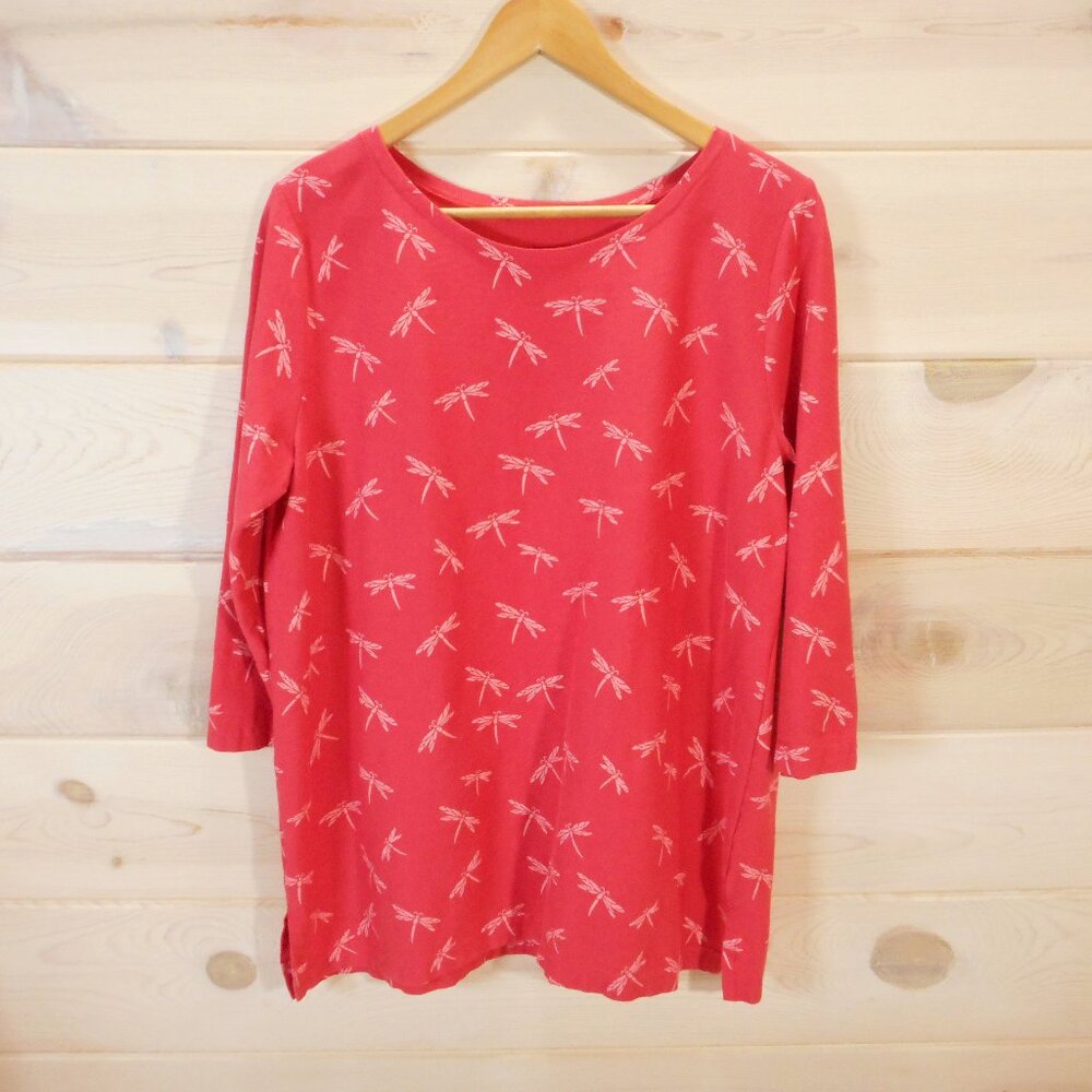 M Mac Vermont Country Store Women's size L Dragonfly Print Top Coral Red